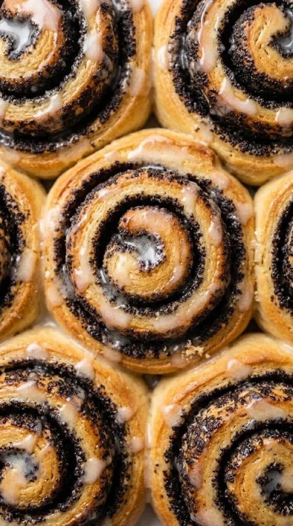 Nahaufnahme von Mohnschnecken — Detailansicht der weichen Hefe-Schichten und der dunklen, saftigen Mohnfüllung.