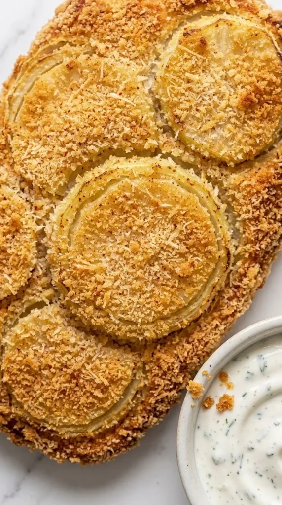 Nahaufnahme von Kohlrabi-Schnitzeln — Detailansicht der krossen Semmelbrösel-Parmesan-Panade mit feinen Gewürzpartikeln.