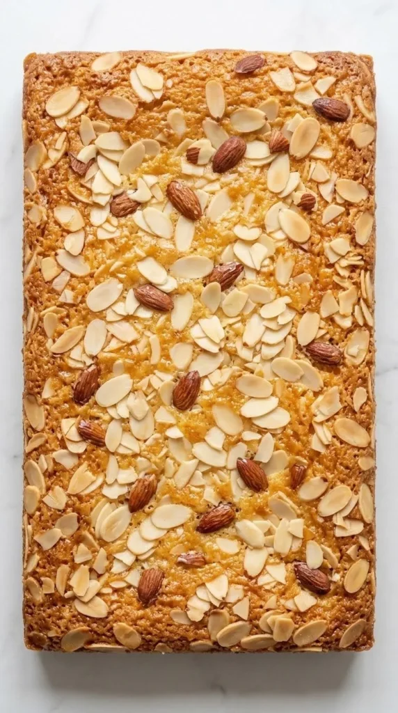 Nahaufnahme von Buttermilchkuchen mit Mandeln — Detailansicht der krossen, karamellisierten Mandelblätter auf der Oberfläche.