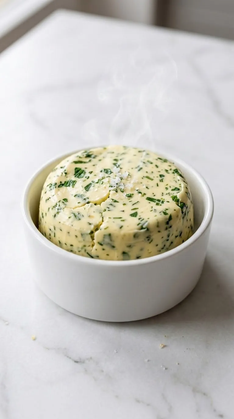 Schnelle Kräuterbutter mit Knoblauch frisch zubereitet — cremig gerührt mit feinen grünen Kräuterstückchen.