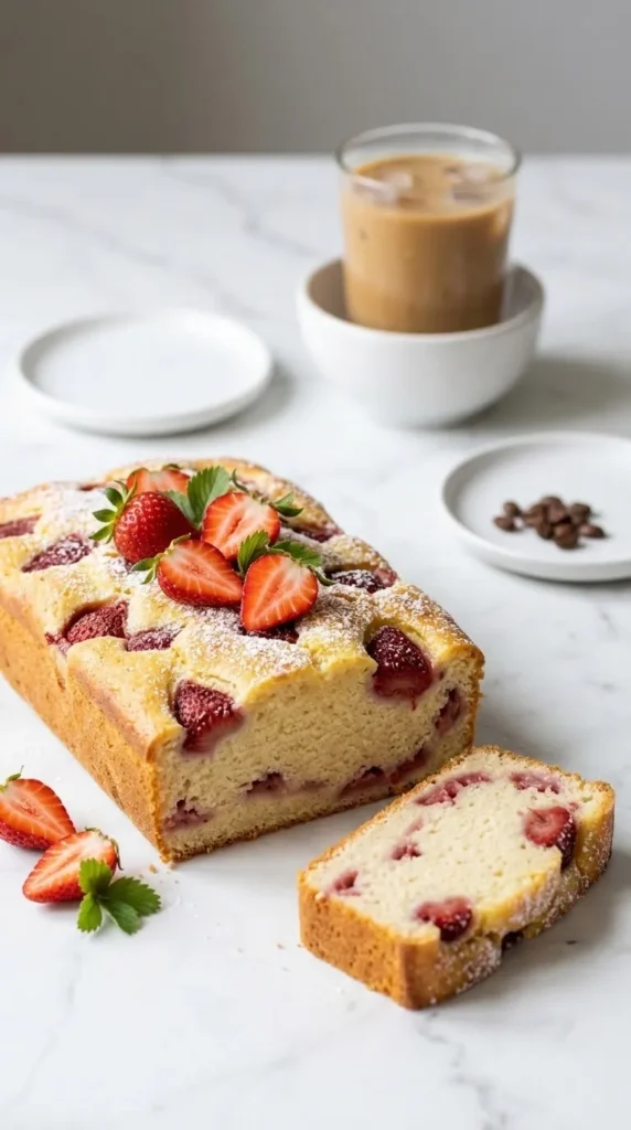 Buttermilchkuchen mit Erdbeeren serviert mit Eiskaffee — Ein saftiges Kuchenquadrat liegt appetitlich neben einem Glas Eiskaffee.