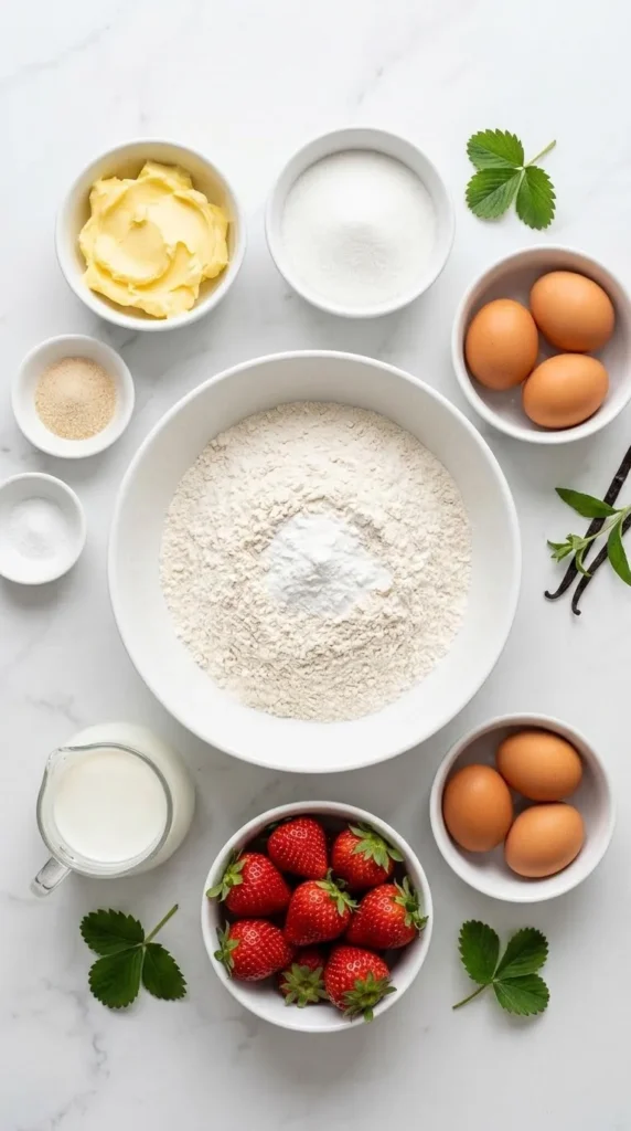 Zutaten für Erdbeer-Muffins: Weizenmehl, Backpulver, frische Milch, weiche Butter, Zucker, Eier und frische Erdbeeren.