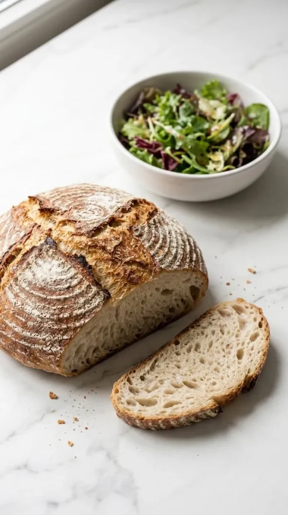 Sauerteig-Bauernbrot serviert mit bunter Blattsalat — Eine abgeschnittene, saftige Brotscheibe liegt neben knackigem Salat.