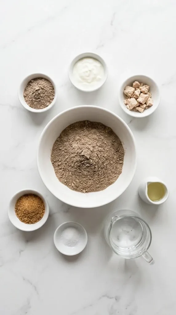 Zutaten für glutenfreies Sauerteigbrot: Dunkle glutenfreie Mehlmischung, Naturjoghurt, frische Hefe, lauwarmes Wasser, brauner Rohrzucker, Salz und Pflanzenöl.