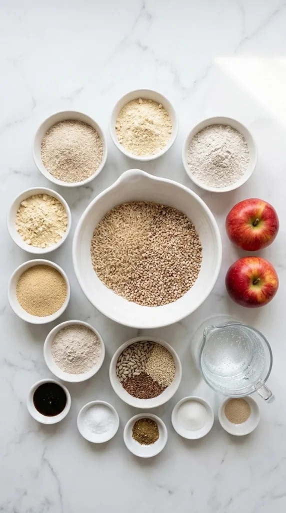 Zutaten für glutenfreies Reissauerteig-Brot: Naturreis, Buchweizen, Amarant, Kichererbsenmehl, Äpfel, Mineralwasser, Rübensirup, Saaten und Gewürze.