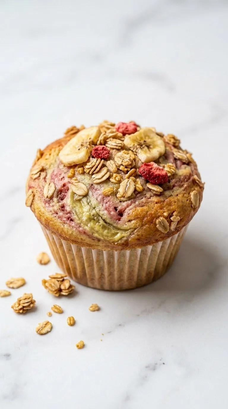 Bananen-Erdbeermuffins frisch gebacken aus der Froschperspektive — plastische Nahansicht der fluffig aufgegangenen Förmchen.