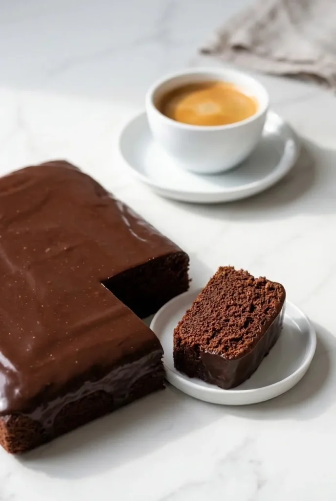 Schokokuchen vom Blech serviert mit frisch gebrühter Kaffee — Ein abgeschnittenes saftiges Kuchenquadrat neben einer Tasse Kaffee.