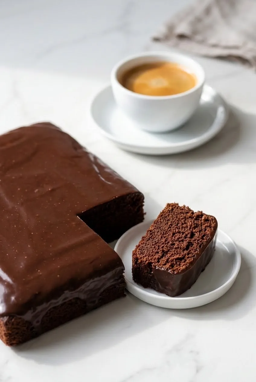 Schokokuchen vom Blech serviert mit frisch gebrühter Kaffee — Ein abgeschnittenes saftiges Kuchenquadrat neben einer Tasse Kaffee.