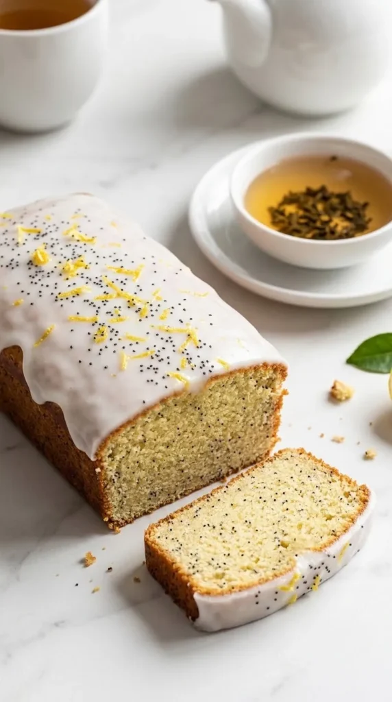 Zitronenkuchen mit Mohn serviert mit Earl Grey Tee — Ein aufgeschnittenes Kuchenquadrat zeigt die feine Mohn-Krume neben Tee.