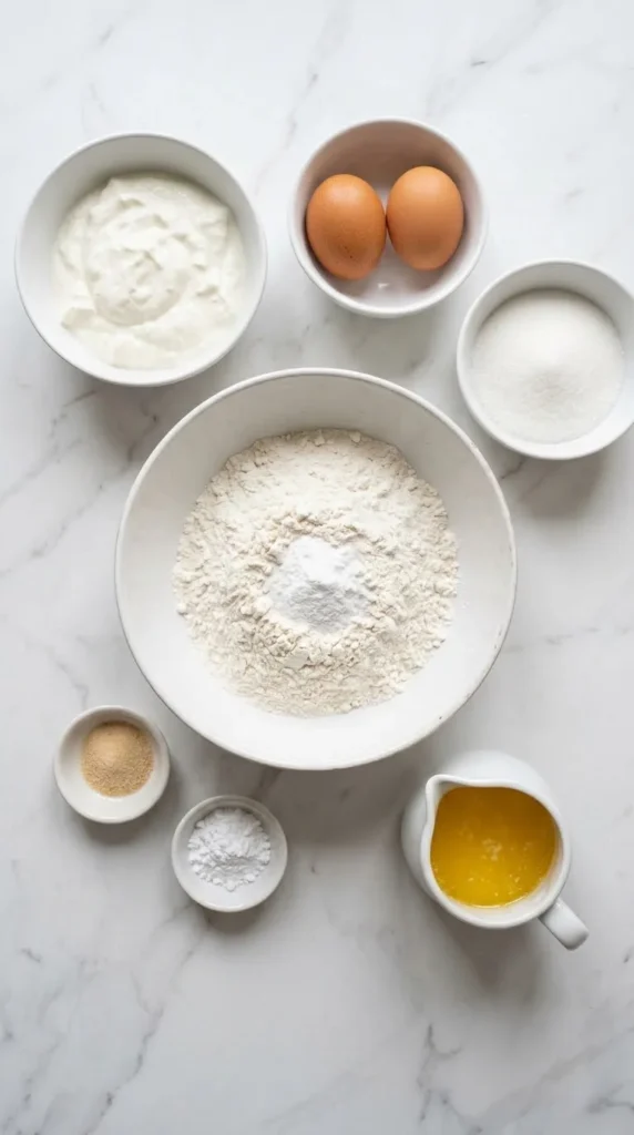 Zutaten für süße Quarktaler: Weizenmehl mit Backpulver, Magerquark, frische Eier, Zucker und geschmolzene Butter.