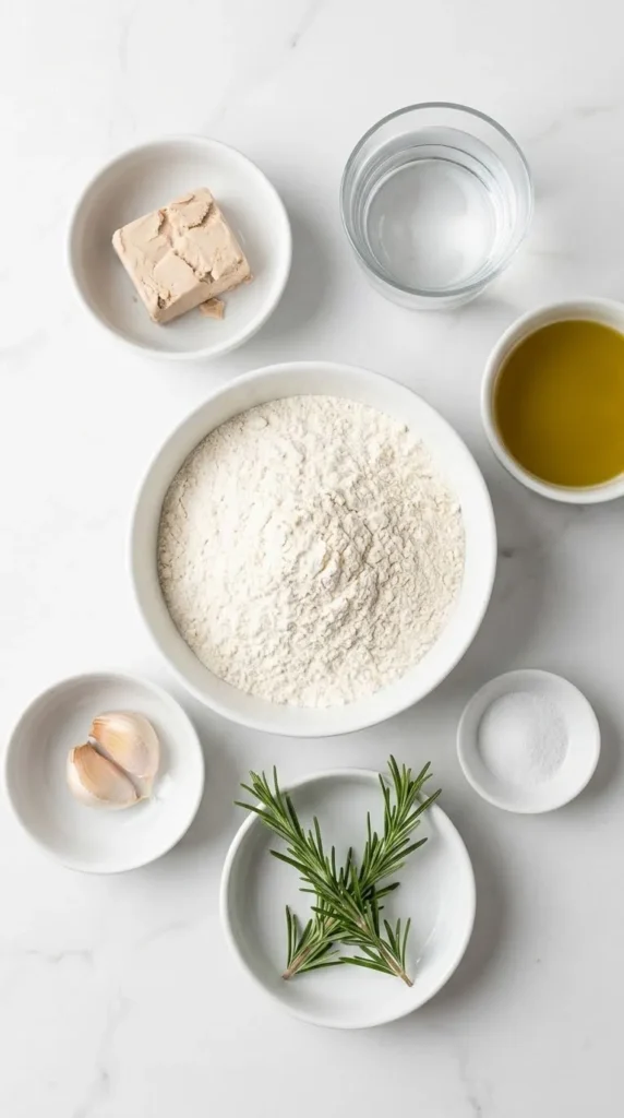 Zutaten für Rosmarin-Knoblauch-Fladenbrot: Weizenmehl Type 550, Frischhefe, Olivenöl, Knoblauch und frischer Rosmarin.