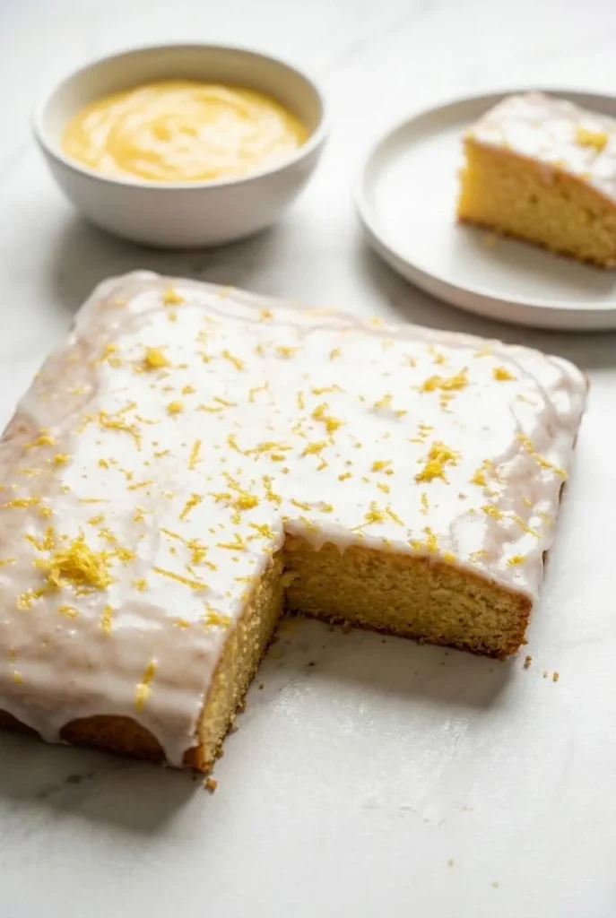 Zitronenkuchen vom Blech serviert mit Filterkaffee — Ein saftiges Kuchenquadrat liegt neben einer Tasse heißem Kaffee.