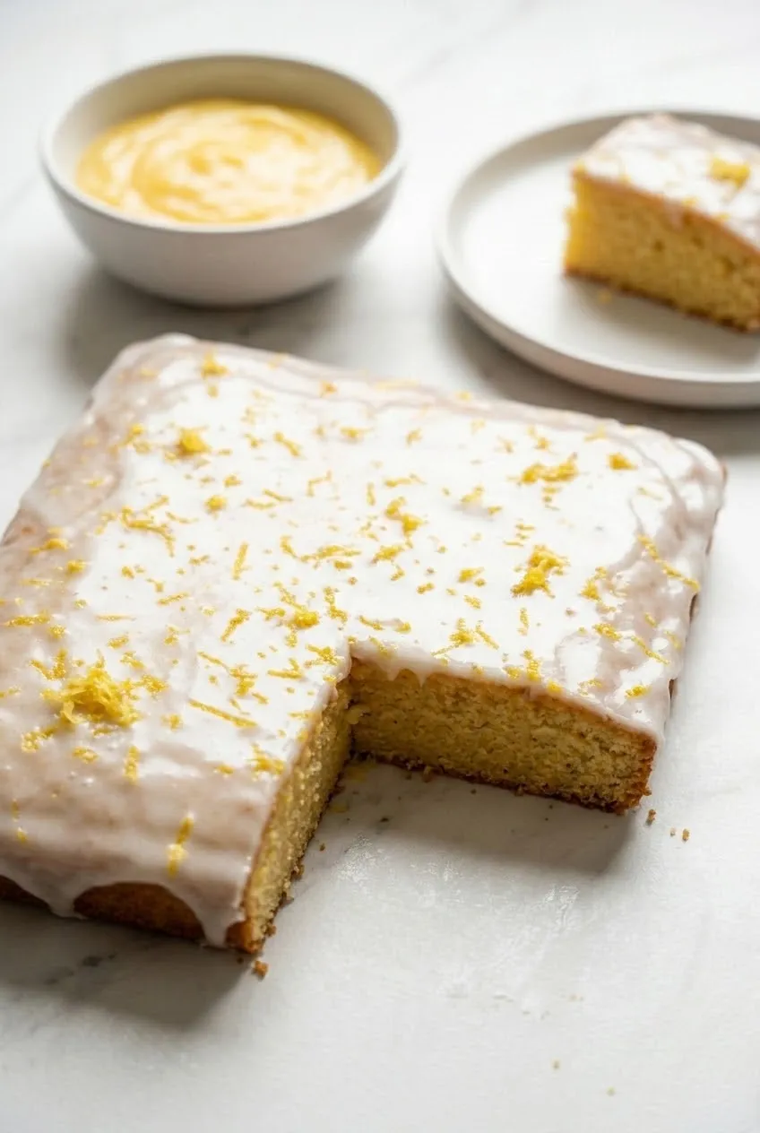 Zitronenkuchen vom Blech serviert mit Filterkaffee — Ein saftiges Kuchenquadrat liegt neben einer Tasse heißem Kaffee.
