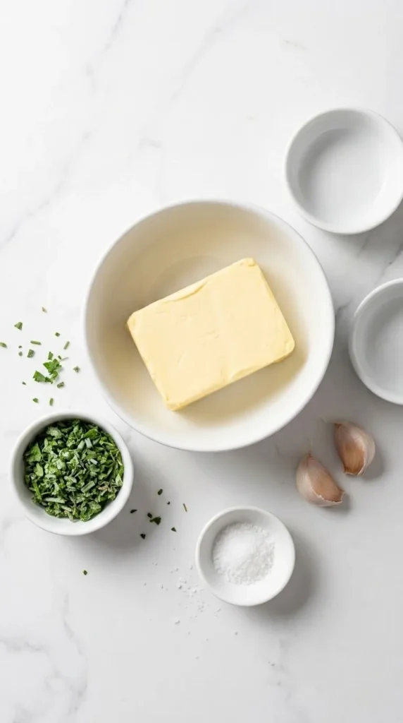 Zutaten für schnelle Kräuterbutter: weiche Butter, frischer Knoblauch und feine Kräutermischung.