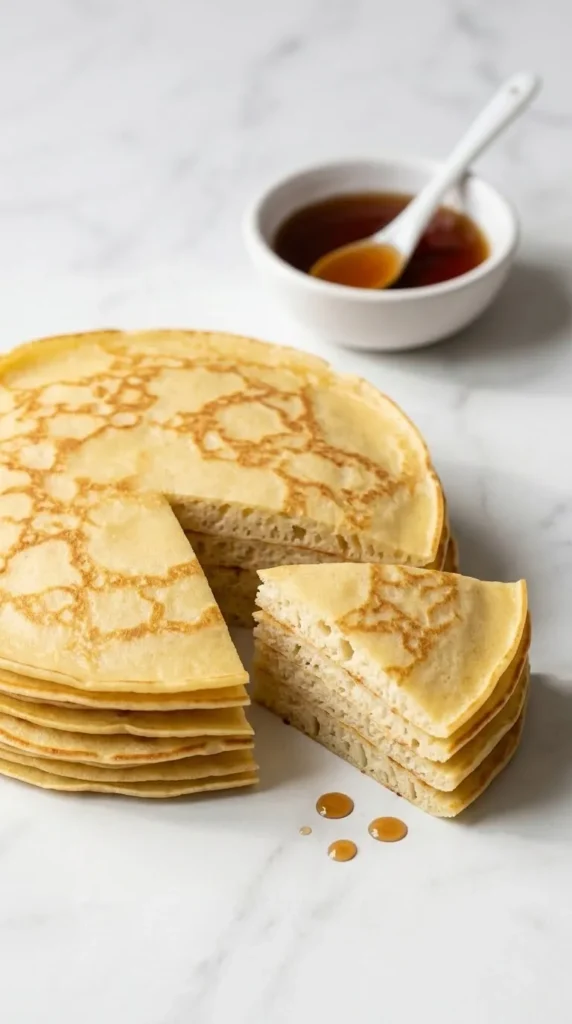 Pfannkuchen, Crêpe und Pancake serviert mit Ahornsirup — Ein aufgeschnittener Pfannkuchenstapel neben einer Schale Sirup.