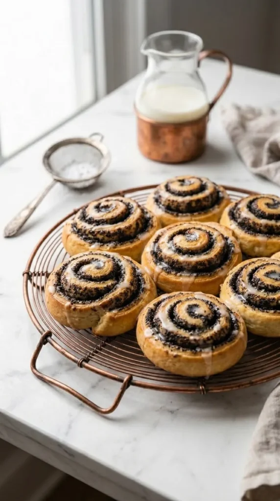 Mohnschnecken serviert mit Milchkaffee — Eine halbierte Hefeschnecke offenbart die vielen saftigen Mohnschichten neben Kaffee.