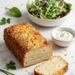 Kohlrabi-Schnitzel serviert mit bunter Blattsalat — Aufgeschnittenes, paniertes Gemüseschnitzel neben frischem Salat und Quark.