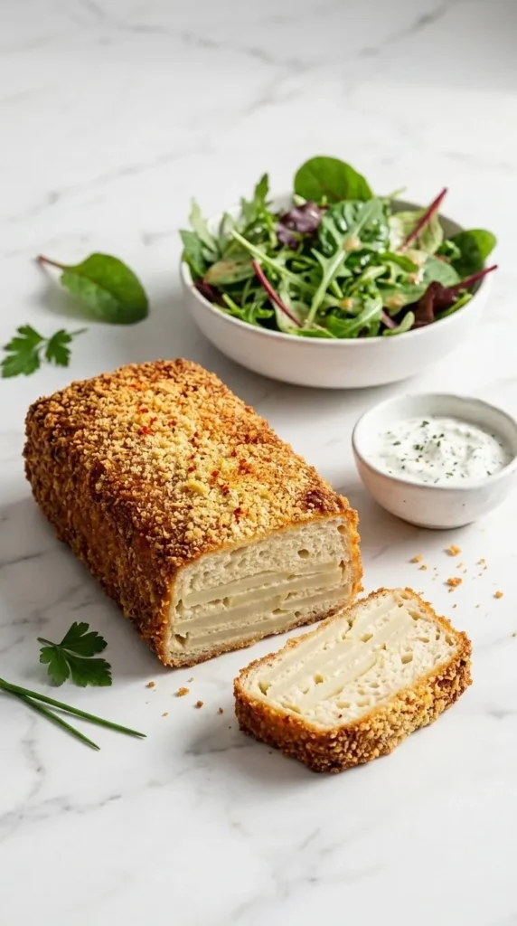Kohlrabi-Schnitzel serviert mit bunter Blattsalat — Aufgeschnittenes, paniertes Gemüseschnitzel neben frischem Salat und Quark.