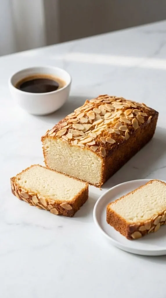 Buttermilchkuchen mit Mandeln serviert mit Filterkaffee — Ein saftiges Stück Blechkuchen liegt neben einer warmen Tasse Kaffee.