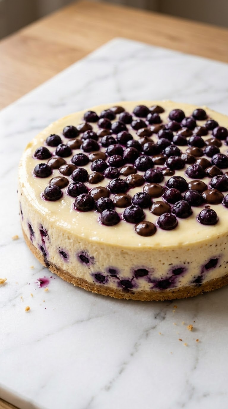 Glutenfreier Blaubeer-Schmand-Kuchen frisch gebacken aus der Froschperspektive — Hohe, cremige Füllung mit reicher Fruchtbepinselung.