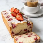 Buttermilchkuchen mit Erdbeeren serviert mit Eiskaffee — Ein saftiges Kuchenquadrat liegt appetitlich neben einem Glas Eiskaffee.