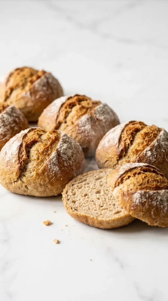 knusprige Sonntagsbrötchen serviert mit frisch geschlagene Schlagsahne — Ein aufgeschnittenes warmes Brötchen mit feiner Krume.