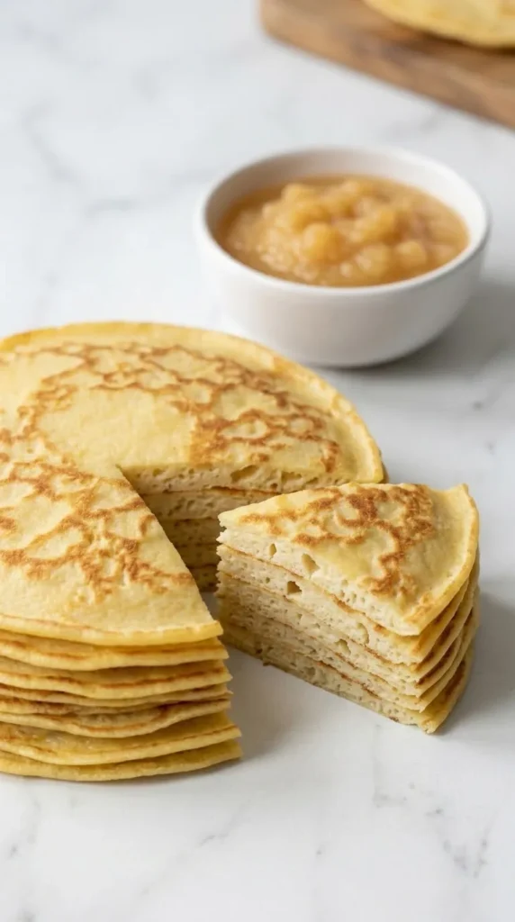 Klassische Eierkuchen serviert mit Apfelmus — Ein zusammengerollter Pfannkuchen aufgeschnitten neben fruchtigem Apfelkompott.