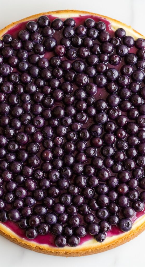 Nahaufnahme von The New York Cheesecake — detailreiche Textur der glänzenden Blaubeeren auf der cremigen Füllung.