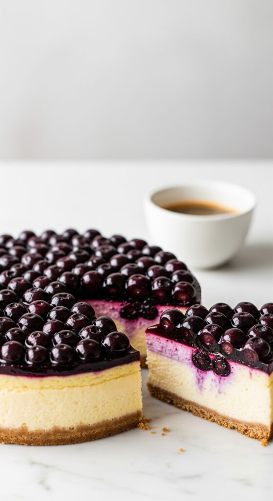 The New York Cheesecake serviert mit Espresso — ein perfektes Kuchenstück zeigt die feine Schichtung auf weißem Marmor.