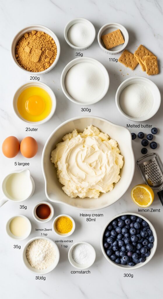 Zutaten für New York Cheesecake: Frischkäse, Vollkornkekse, Blaubeeren, Eier, Zucker, Butter und Sahne auf weißem Marmor.