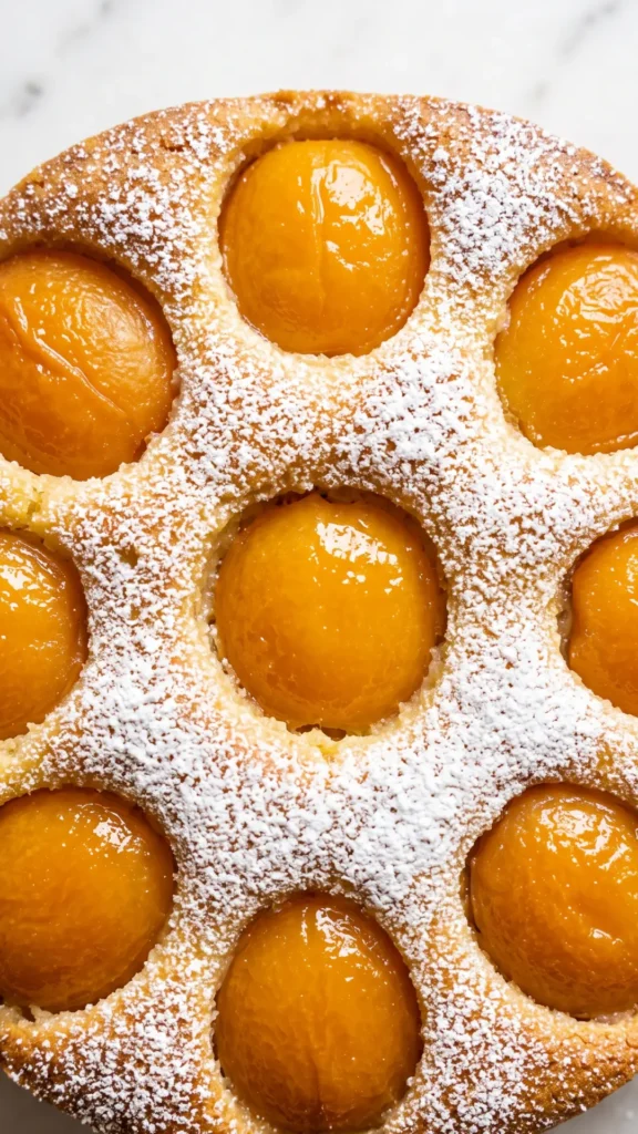 Nahaufnahme von Aprikosenkuchen — feine Textur des Puderzuckers auf den saftigen, versunkenen Aprikosenhälften.
