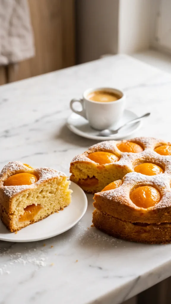 Aprikosenkuchen serviert mit Espresso — ein angeschnittenes Kuchenstück präsentiert den saftigen Rührteig von innen.