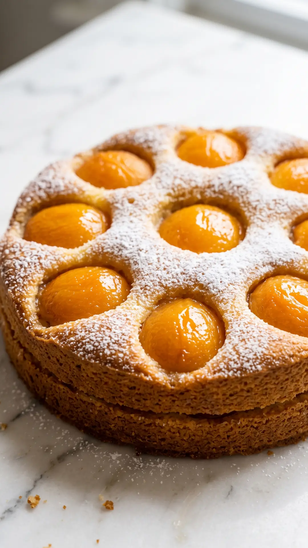 Aprikosenkuchen frisch gebacken aus der Froschperspektive — plastische Ansicht der fluffigen Kruste und der versunkenen Früchte.