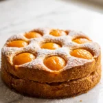 Aprikosenkuchen frisch gebacken — saftiger Rührkuchen mit goldgelben Aprikosen und Puderzucker auf weißem Marmor.