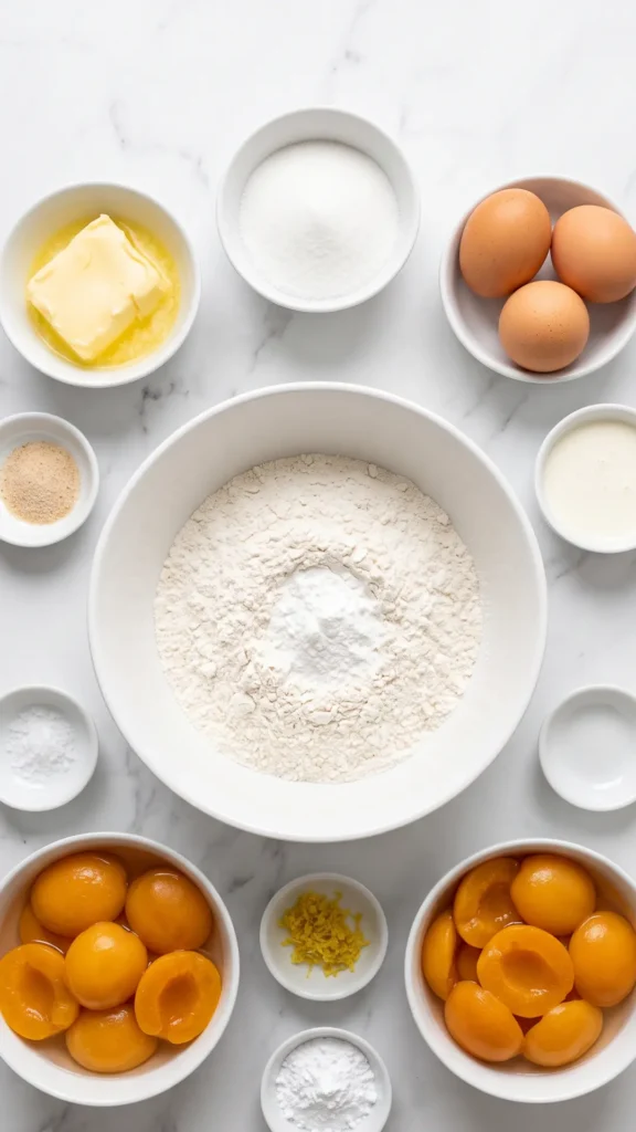 Zutaten für einfachen Aprikosenkuchen: Mehl, Butter, Eier, Zucker, Sahne und Dosenaprikosen auf weißem Marmor.
