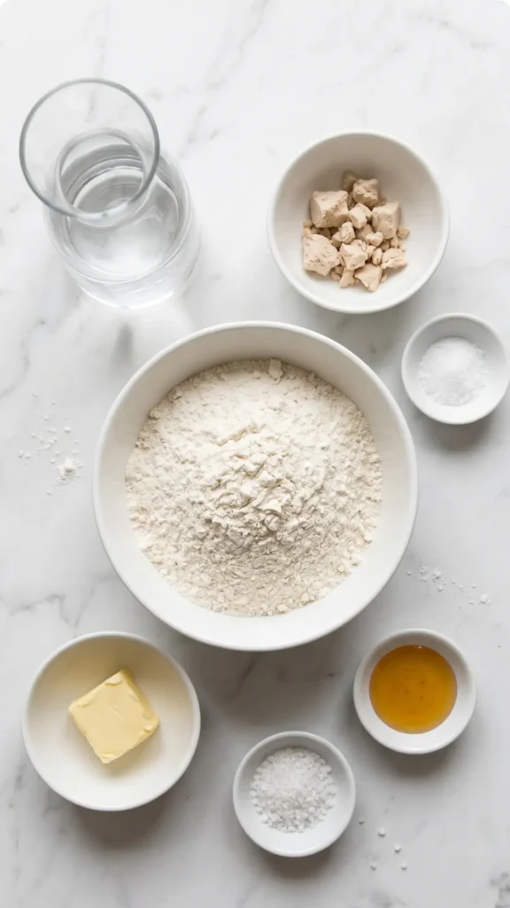 Zutaten für Bio-Salzstangerl: Weizenmehl Type 700, frische Hefe, lauwarmes Wasser, Bio-Butter, Honig und grobes Brezensalz.