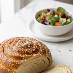 Bio-Salzstangerl serviert mit bunter Blattsalat — Ein aufgeschnittenes, blättriges Salzstangerl liegt appetitlich neben frischem Salat.
