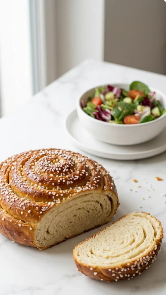 Bio-Salzstangerl serviert mit bunter Blattsalat — Ein aufgeschnittenes, blättriges Salzstangerl liegt appetitlich neben frischem Salat.