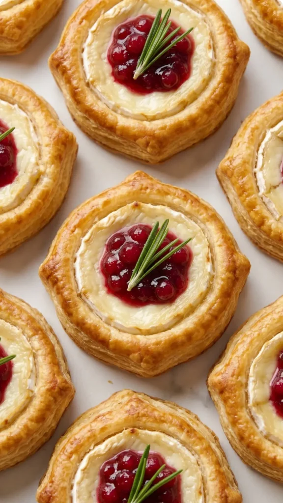 Nahaufnahme von Blätterteig-Häppchen mit Camembert — Detailansicht des blättrigen Teigrandes und der glänzenden roten Marmelade.