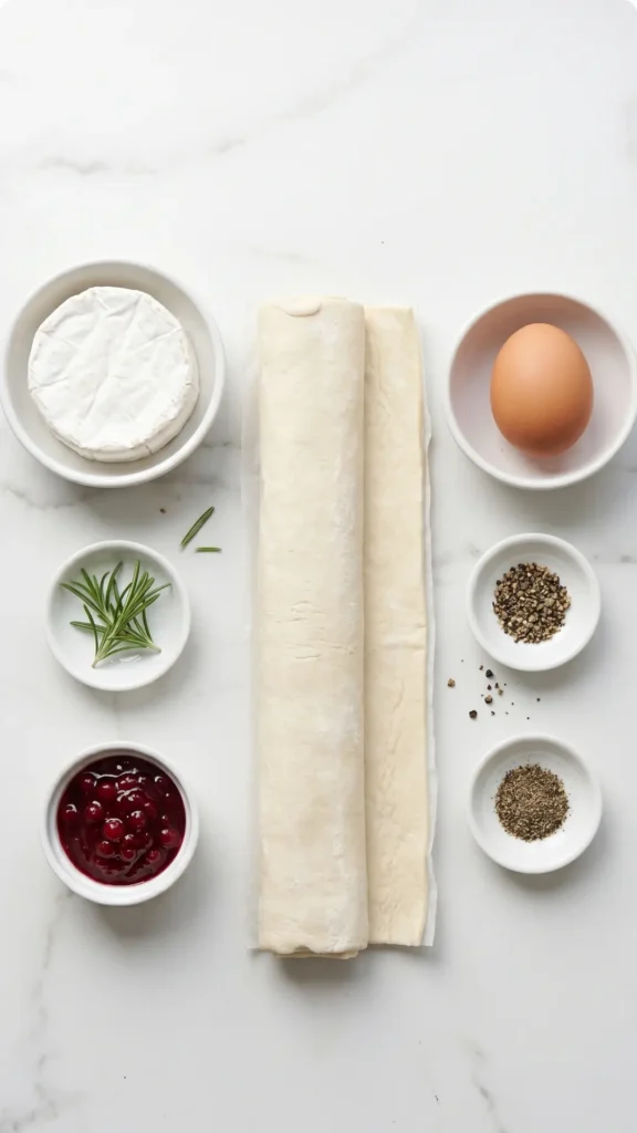 Zutaten für Blätterteig-Häppchen mit Camembert: Eine Rolle Blätterteig, Camembert-Käse, ein Ei, Preiselbeermarmelade und Rosmarin.