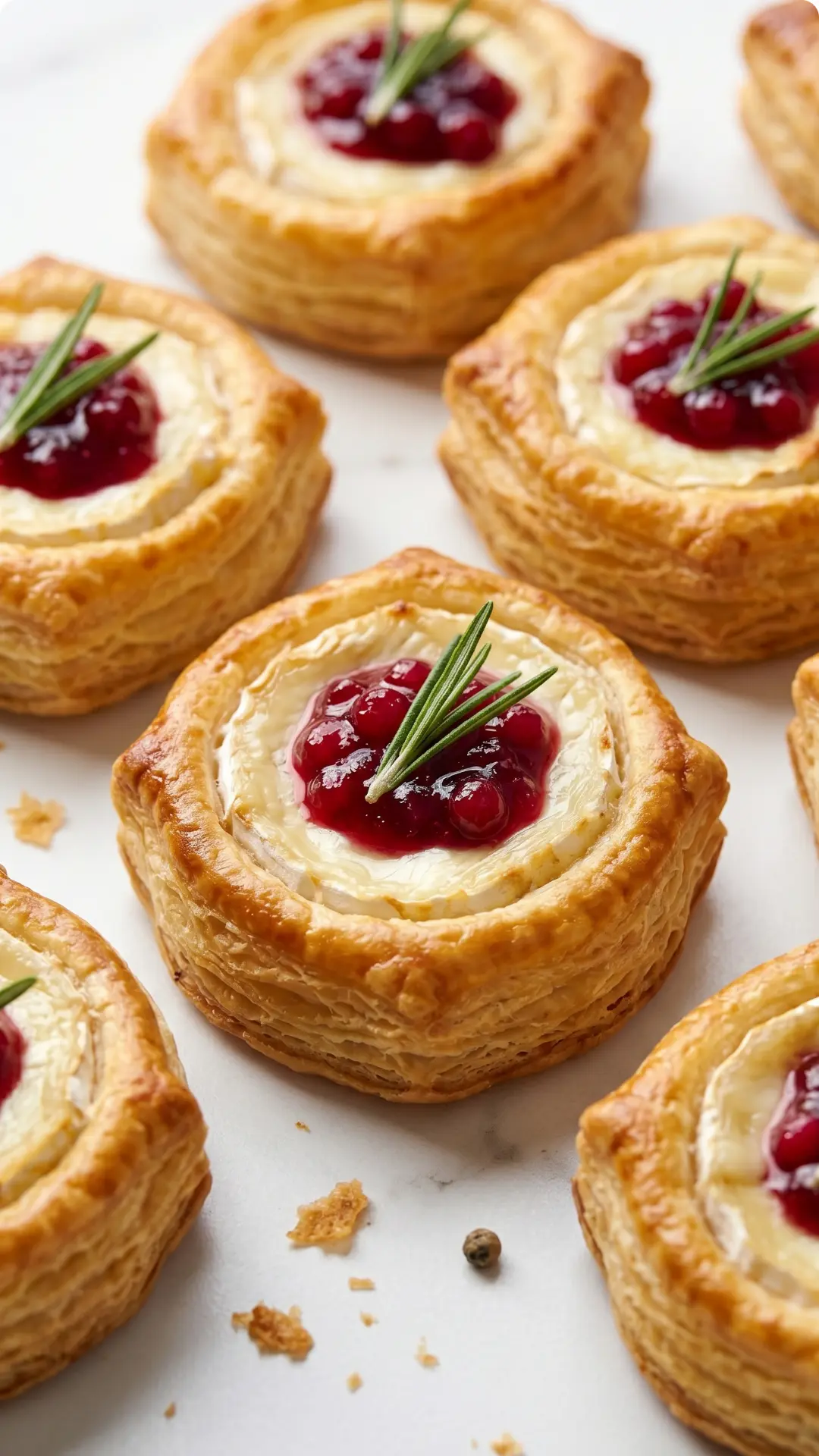 Blätterteig-Häppchen mit Camembert frisch gebacken — Knusprige kleine Teigquadrate mit geschmolzenem Käse und roten Preiselbeeren.