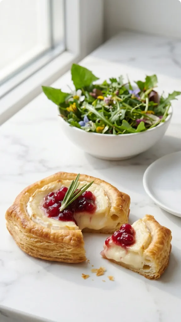 Blätterteig-Häppchen mit Camembert serviert mit Wildkräutersalat — Ein knuspriges Häppchen aufgeschnitten neben frischem Salat.