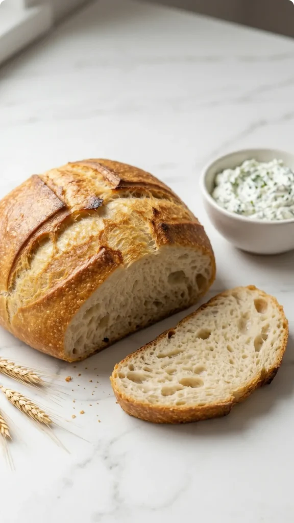 Brot aus der Heißluftfritteuse serviert mit frischer Kräuterquark — Eine abgeschnittene Brotscheibe liegt neben cremigem Quark.