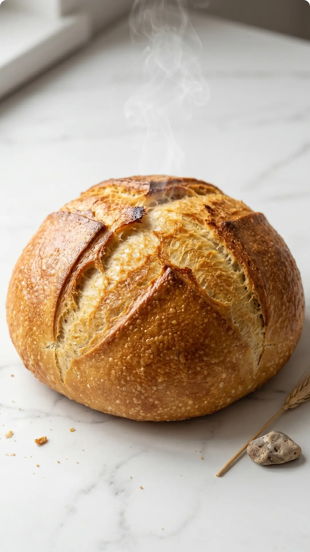 Brot aus der Heißluftfritteuse frisch gebacken — Ein runder, goldbraun gebackener Brotlaib mit feinen Krustenrissen.