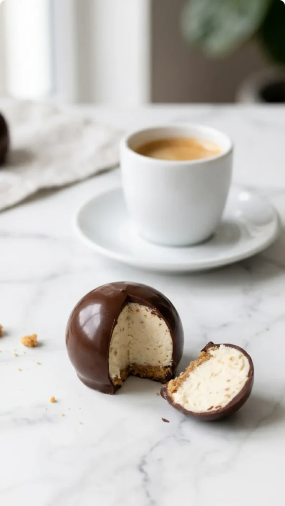 Käsekuchen Kugeln serviert mit frisch gebrühter Espresso — Eine halbierte Cheesecake-Praline zeigt den cremigen Kern neben Kaffee.