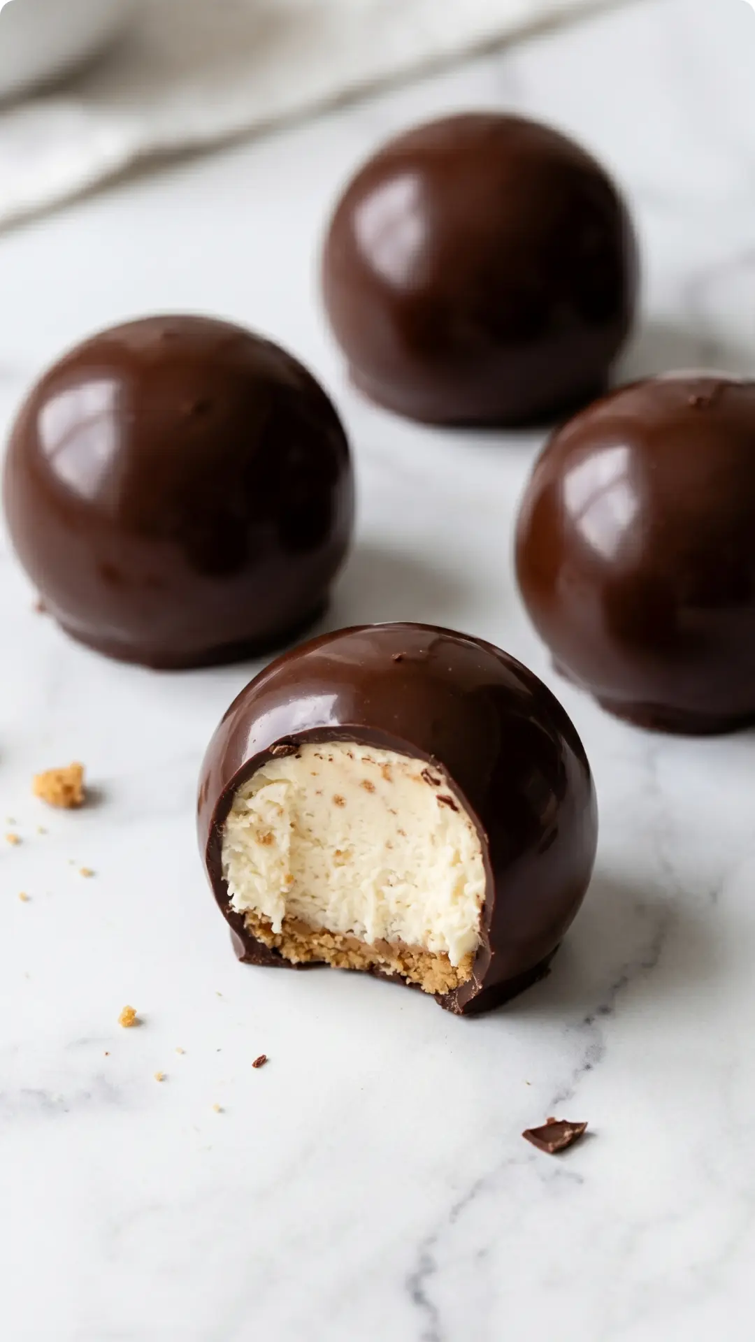 Käsekuchen Kugeln frisch gebacken — Kleine runde Pralinen mit einem knackigen, glänzenden dunklen Schokoladenüberzug.