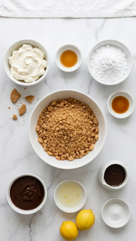 Zutaten für Käsekuchen Kugeln: Frischkäse, Puderzucker, zerkrümelte Kekse, Schokoladensoße, Vanilleextrakt und Zitronensaft.