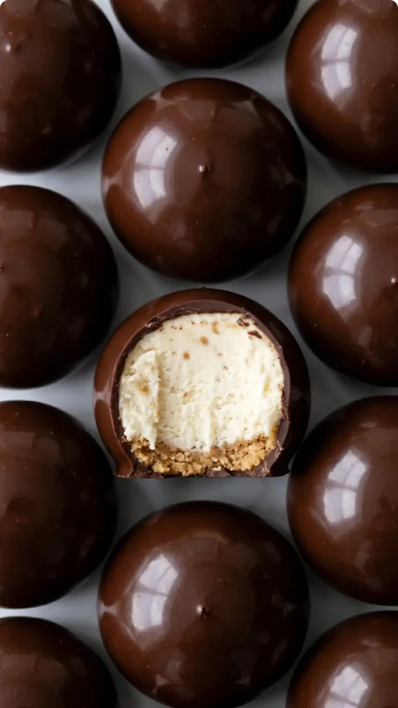 Nahaufnahme von Käsekuchen Kugeln — Detailansicht der makellosen, knackigen Schokoladenhülle einer runden Praline.