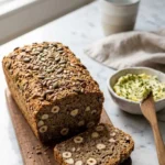 Das beste Low Carb Brot Rezept serviert mit Kräuterbutter — Eine abgeschnittene Brotscheibe zeigt die saftige Nusskrume.