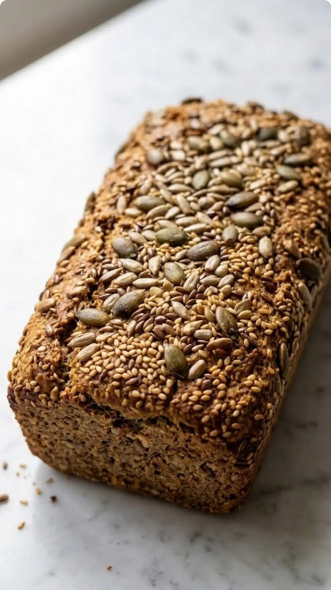 Das beste Low Carb Brot Rezept frisch gebacken — Knuspriges, kerniges Kastenbrot voller Nüsse und Saaten auf Marmor.